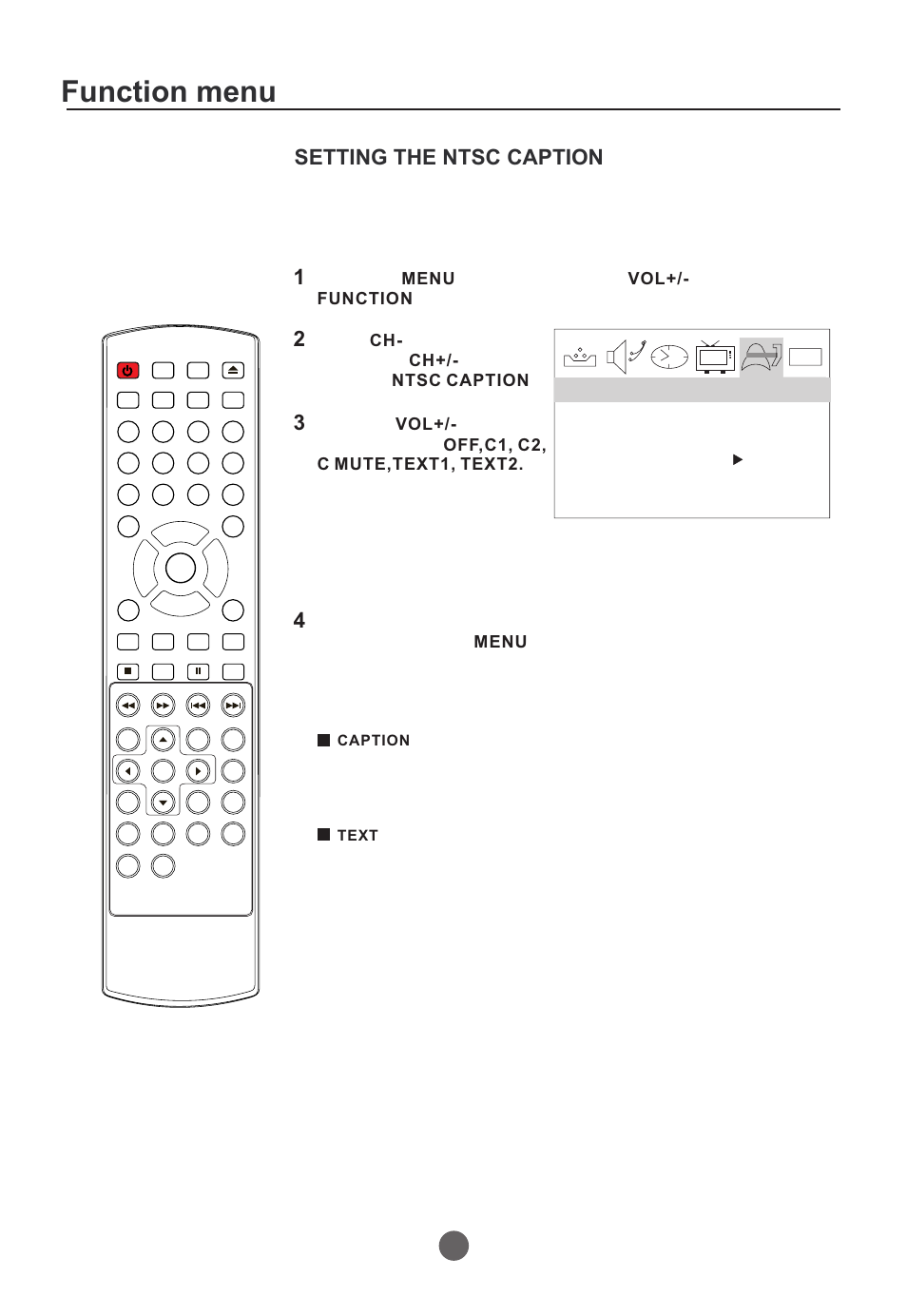 Function menu, Setting the ntsc caption 1 2 3 4 | Curtis TVD2000A User Manual | Page 24 / 48