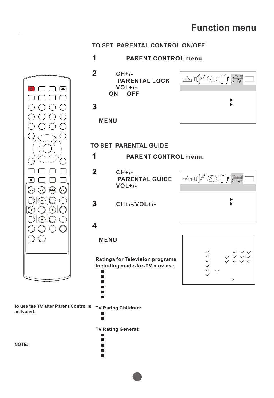Function menu, Enter the parent control menu, Press button to set the desired ratings. ch+/-/vol | Curtis TVD2000A User Manual | Page 27 / 48