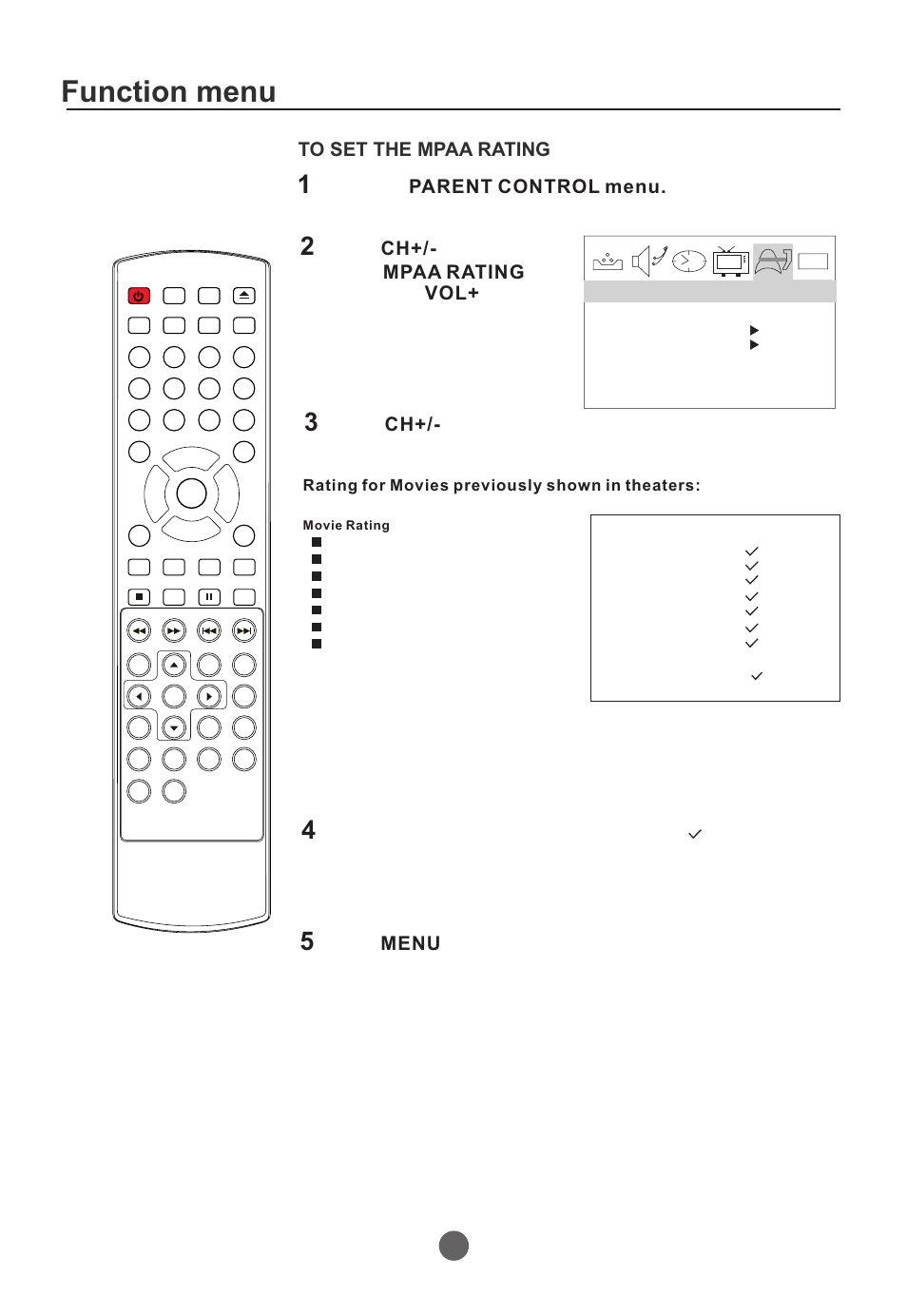 Function menu, Press button to select the desired rating. ch, Press until the menu screen disappears. menu | Press vol+/- button to select delete or, Mpaa rating | Curtis TVD2000A User Manual | Page 28 / 48