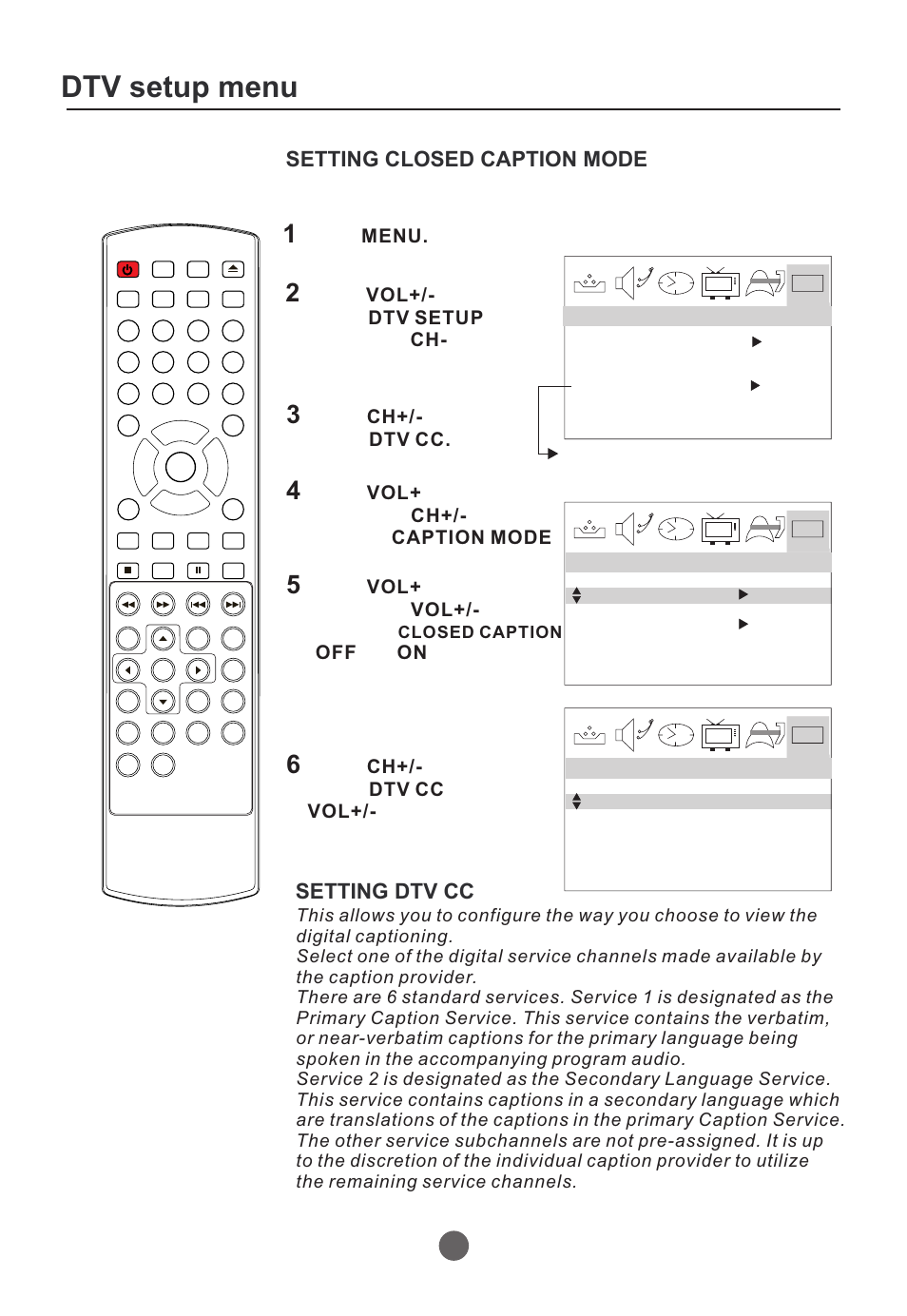 Dtv setup menu, Setting closed caption mode, Setting dtv cc 29 | Press the main menu screen will appear. menu, Press button to select ch+/- dtv cc, Closed caption | Curtis TVD2000A User Manual | Page 30 / 48