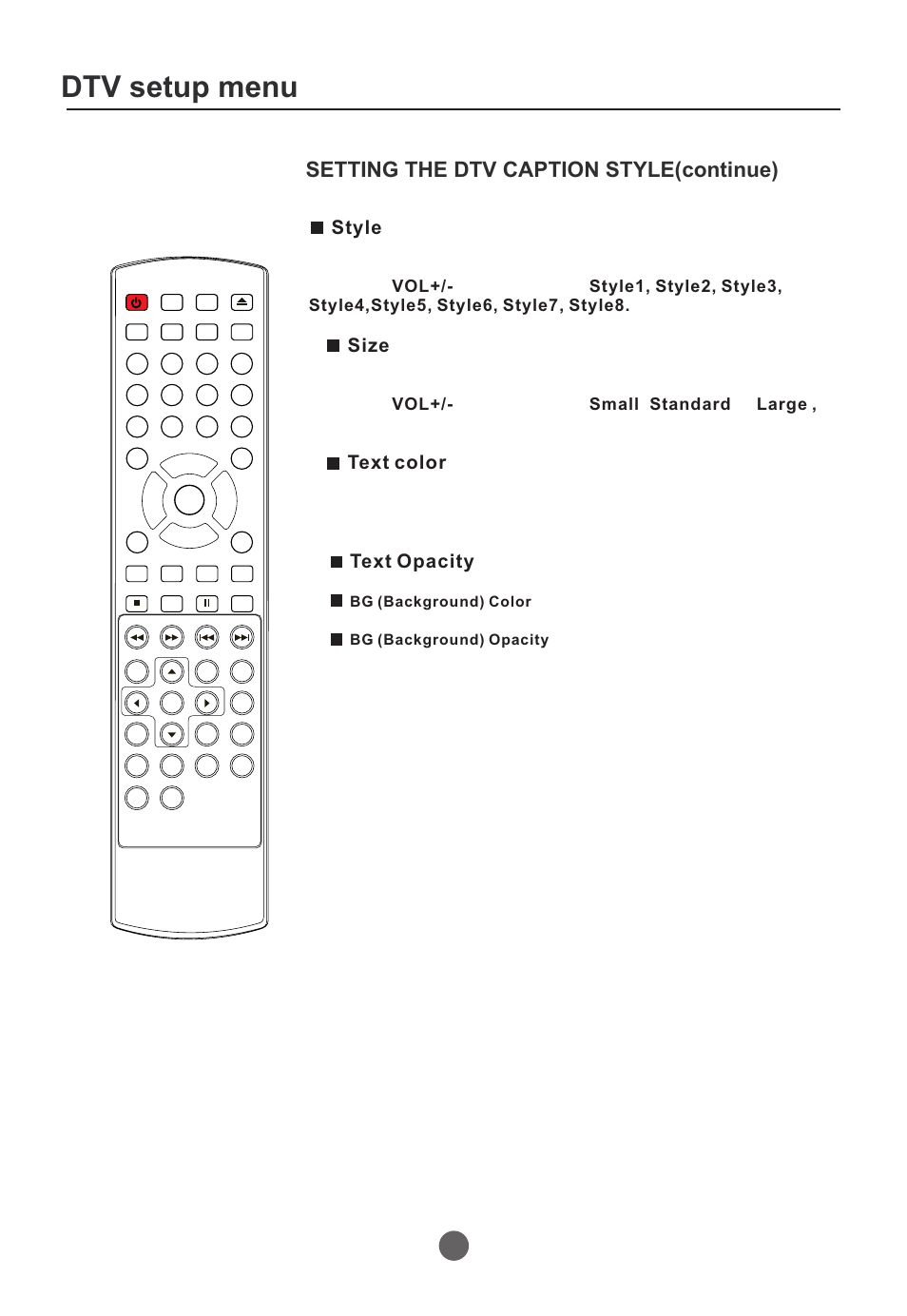 Dtv setup menu, Setting the dtv caption style(continue), Style size text color text opacity | Curtis TVD2000A User Manual | Page 32 / 48