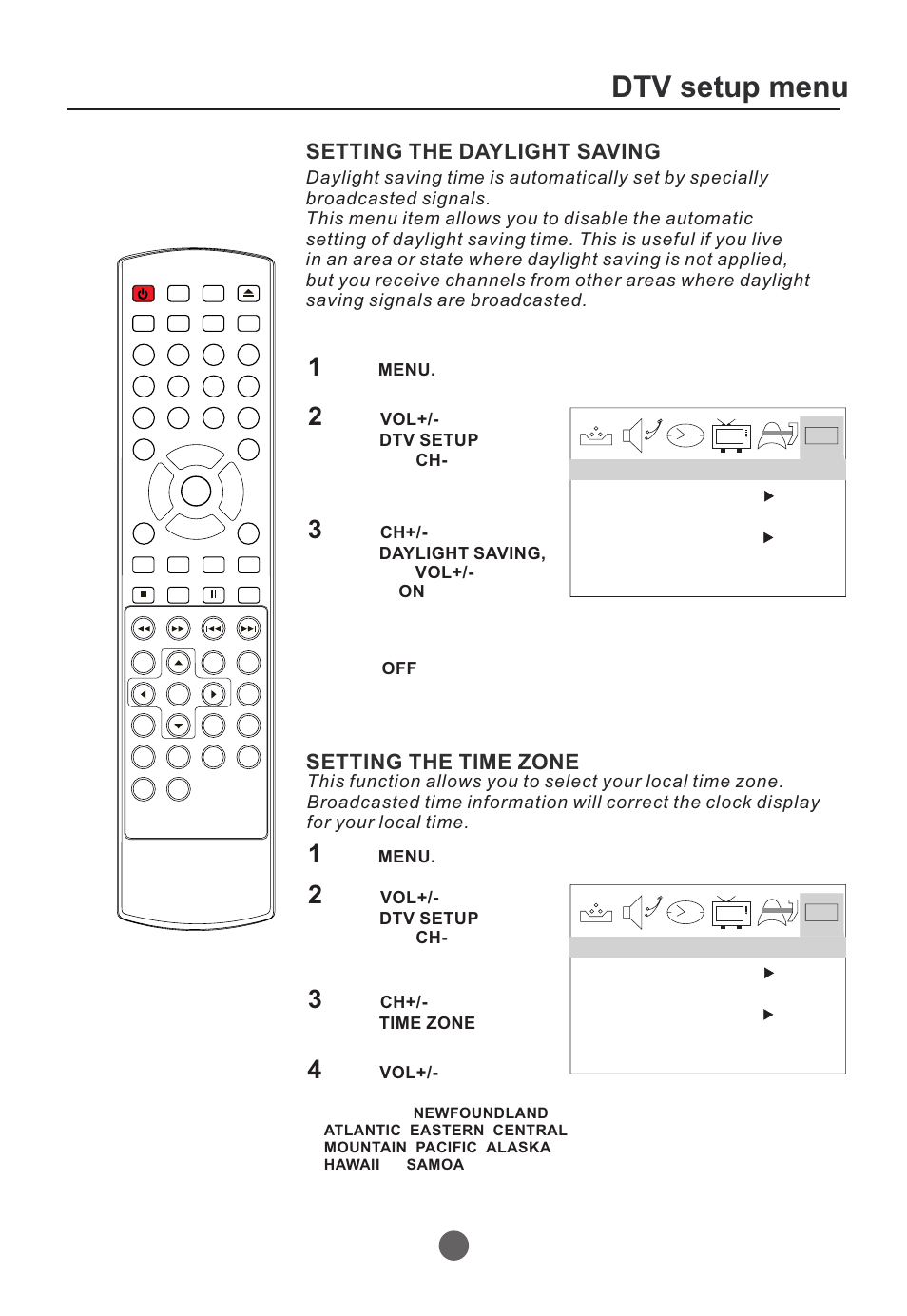 Dtv setup menu, Setting the daylight saving, Setting the time zone | Press the main menu screen will appear. menu, Press button to select option. ch+/- time zone | Curtis TVD2000A User Manual | Page 33 / 48