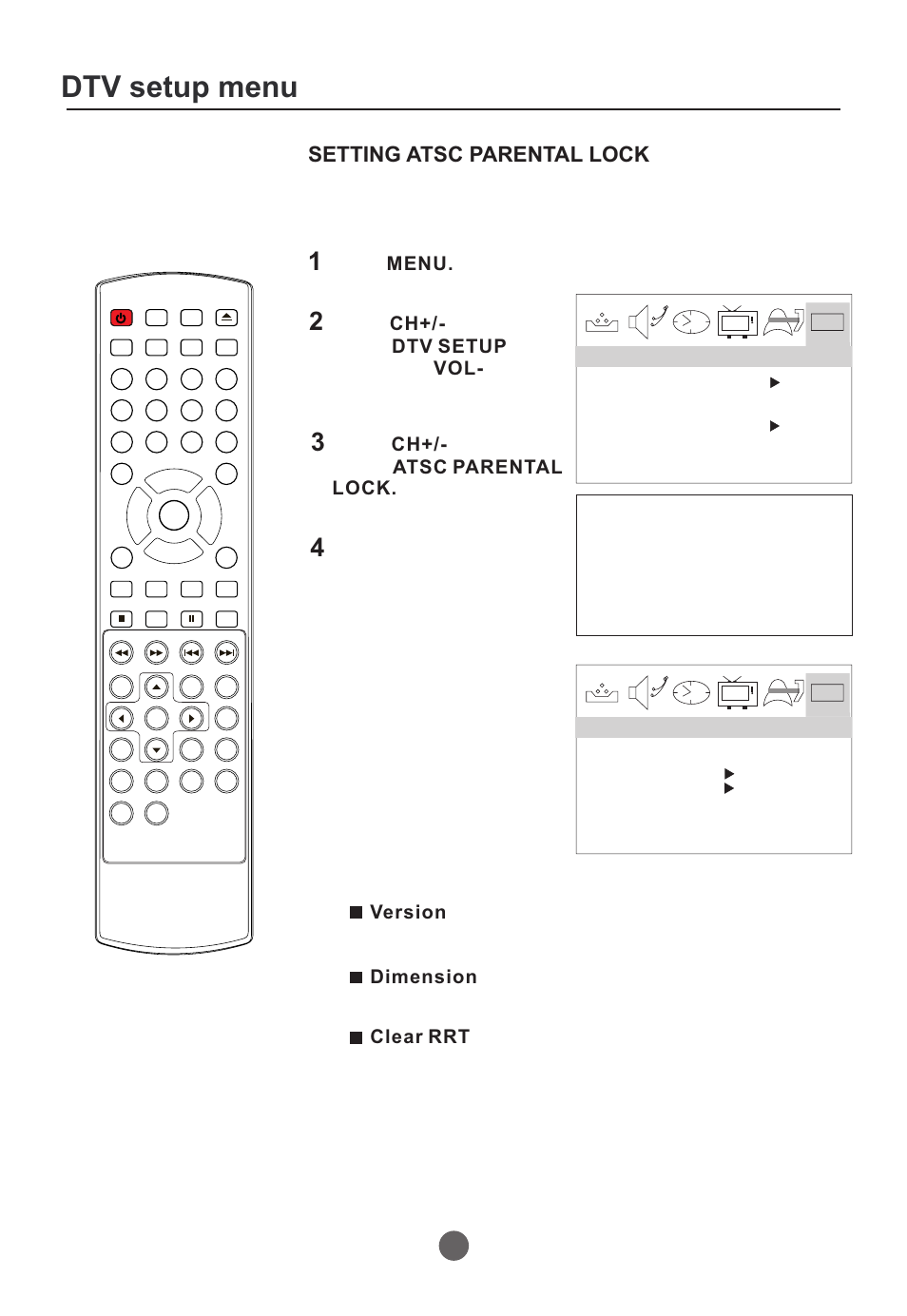 Dtv setup menu, Setting atsc parental lock, Press the main menu screen will appear. menu | Press button to select ch+/- atsc parental lock, Enter code | Curtis TVD2000A User Manual | Page 34 / 48