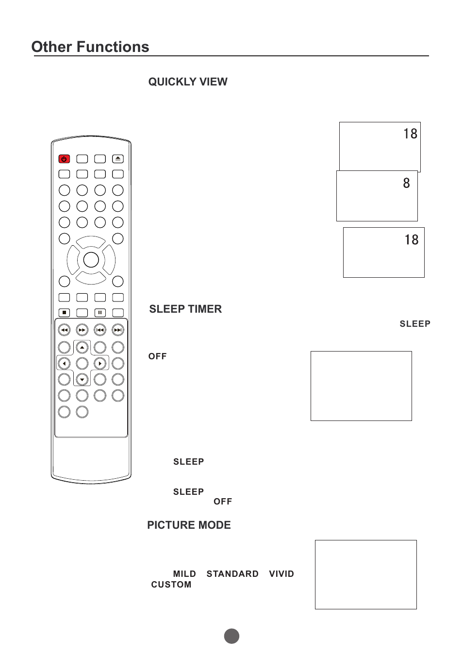 Other functions, Sleep timer, Picture mode | Quickly view 35 | Curtis TVD2000A User Manual | Page 36 / 48