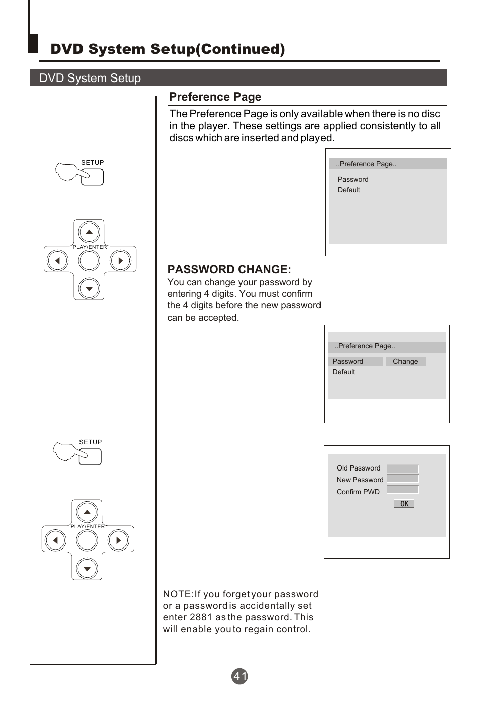 Dvd system setup(continued), Dvd system setup, Preference page | Password change | Curtis TVD2000A User Manual | Page 42 / 48
