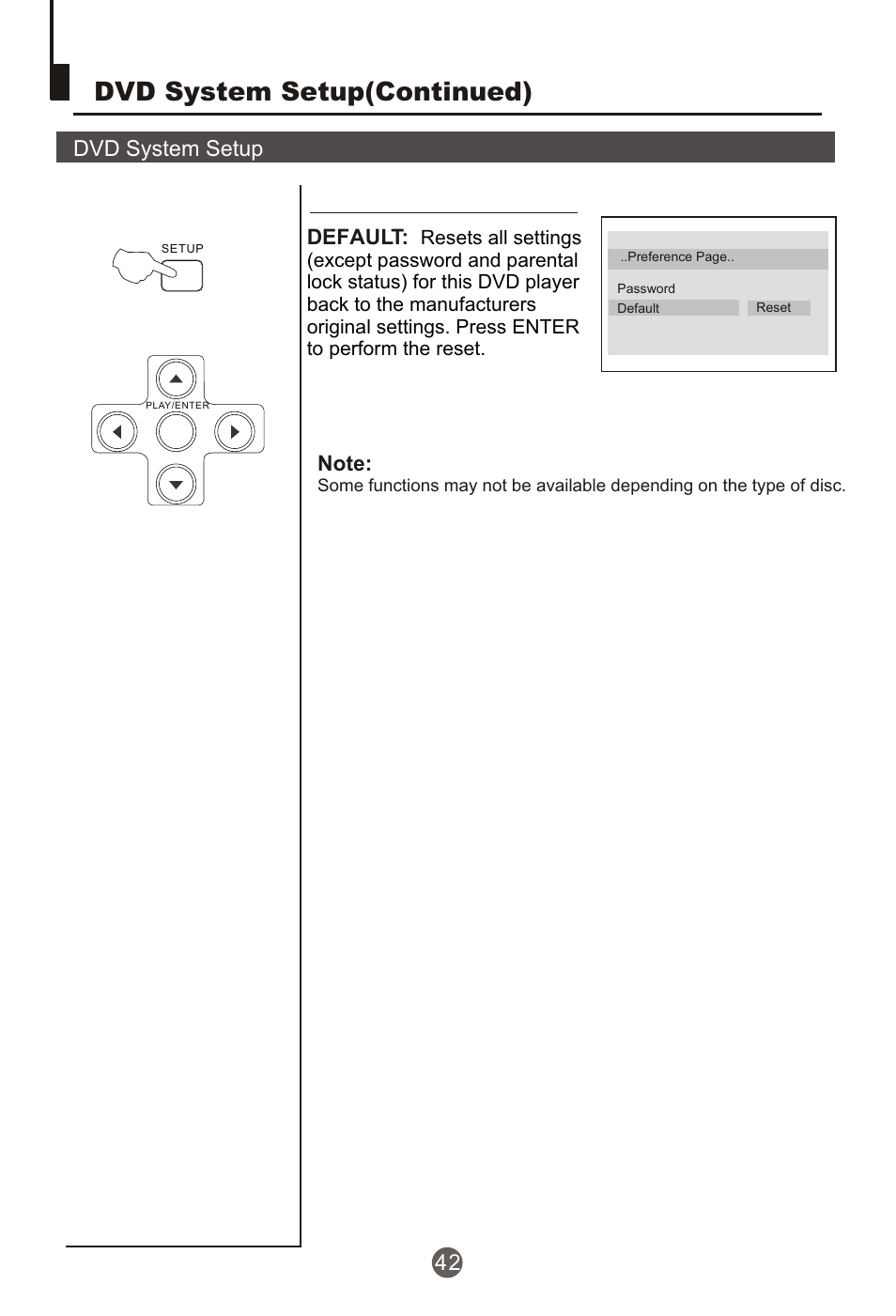Dvd system setup(continued), Dvd system setup, Default | Curtis TVD2000A User Manual | Page 43 / 48