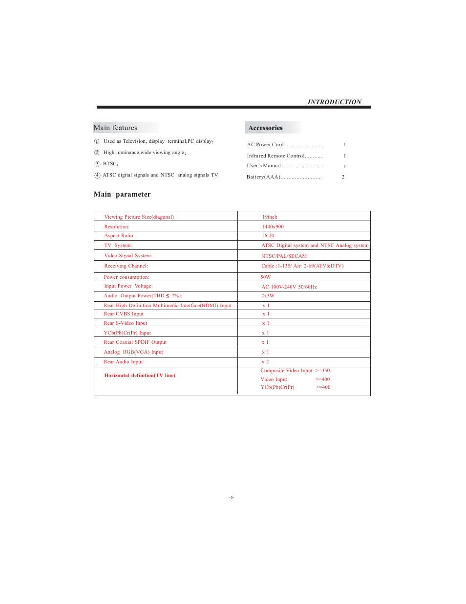 Main features, Main parameter, Introduction | Accessories | Curtis LCD1905A User Manual | Page 6 / 17