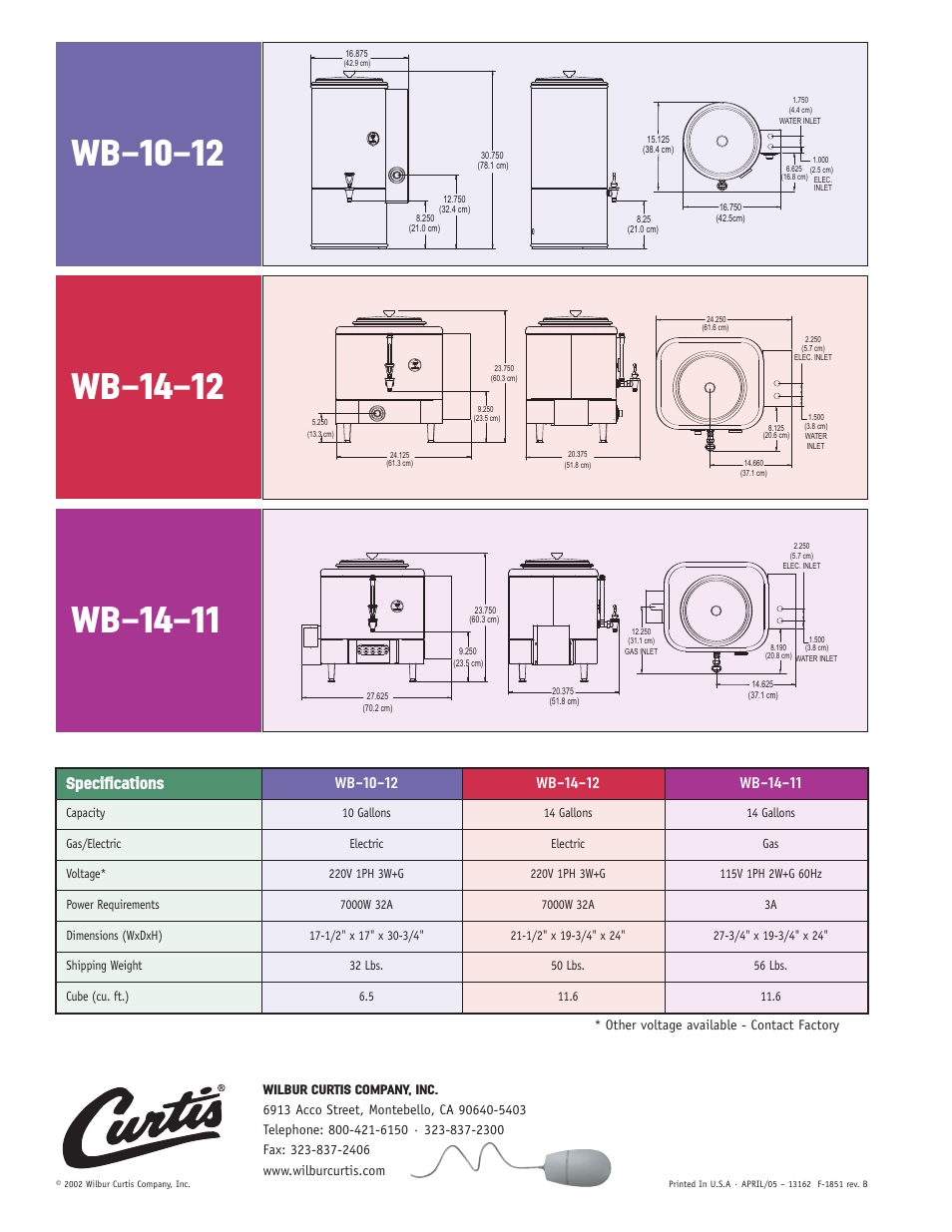 Wb-10-12, Wb-14-12, Wb-14-11 | Specifications | Curtis WB-10-12 User Manual | Page 2 / 2