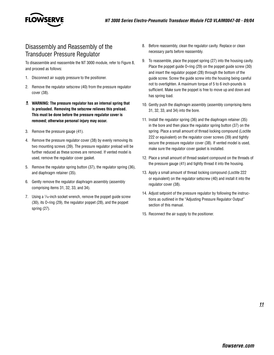 Disassembly and reassembly, Of the transducer pressure regulator | Flowserve NT3000 Series User Manual | Page 11 / 20