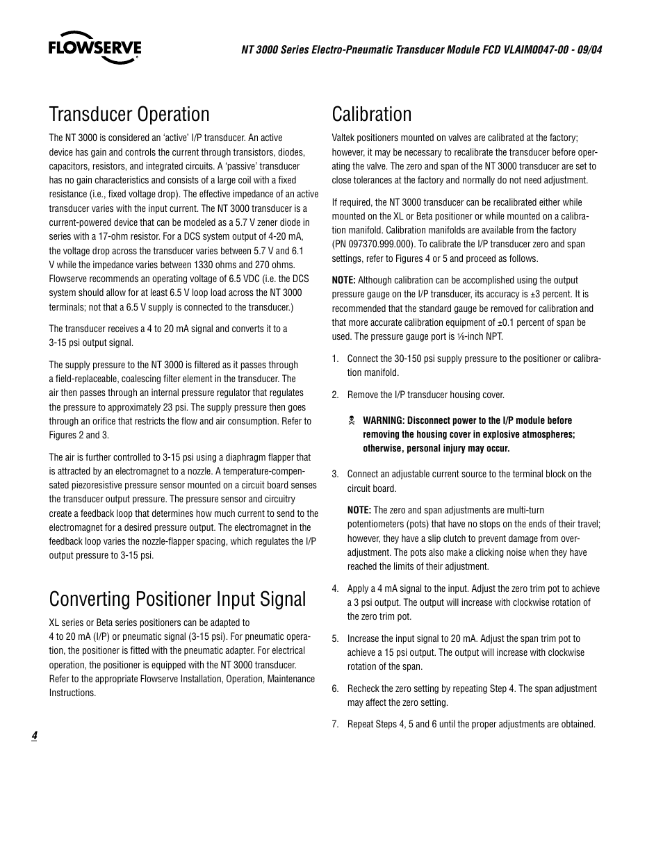 Transducer operation, Converting positioner input signal, Calibration | Flowserve NT3000 Series User Manual | Page 4 / 20