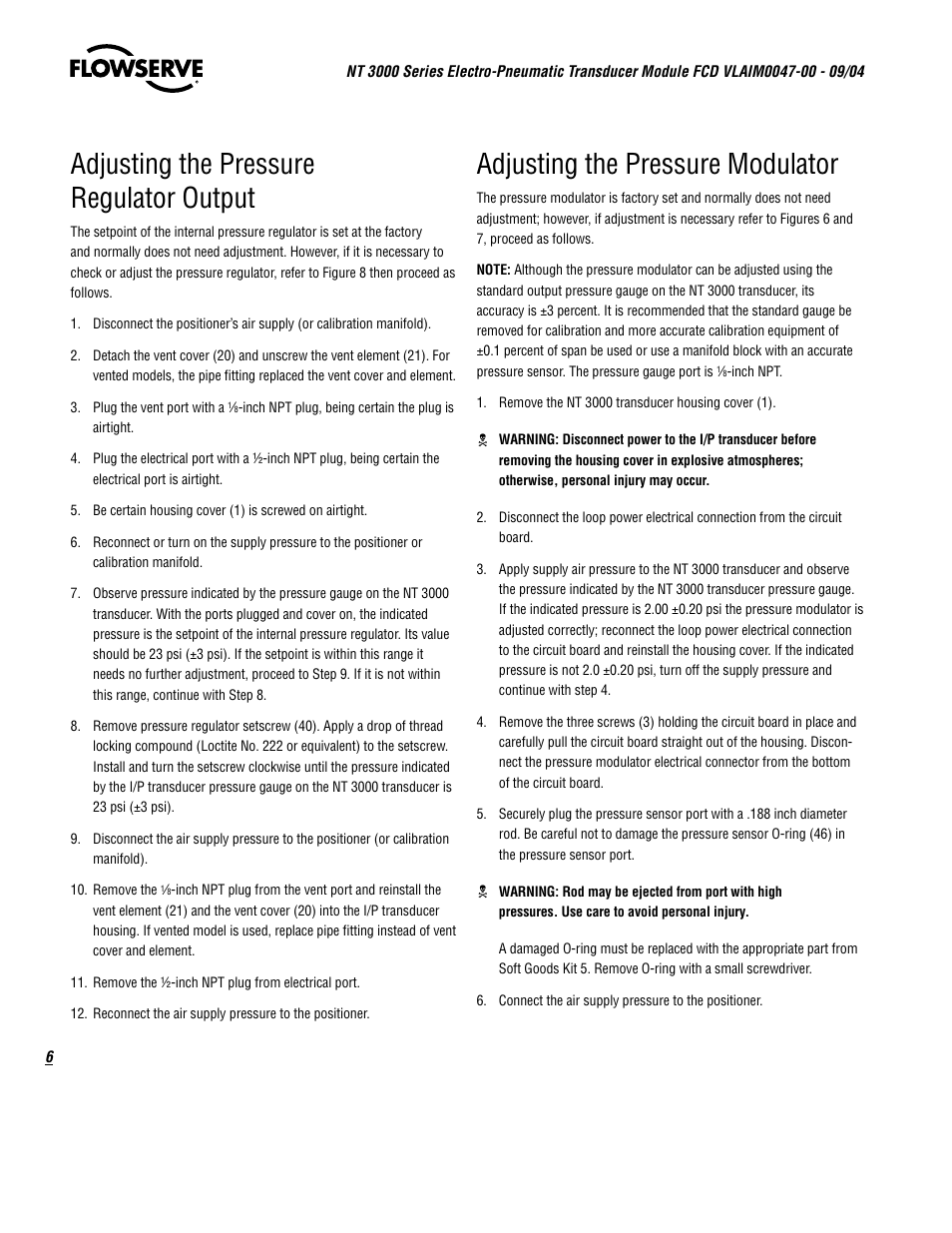 Adjusting the pressure regulator output, Adjusting the pressure modulator | Flowserve NT3000 Series User Manual | Page 6 / 20