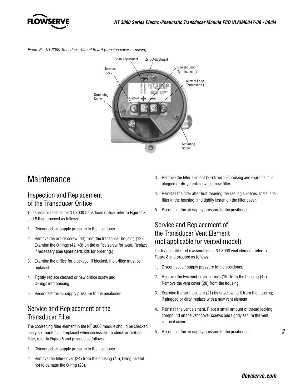 Maintenance, Service and replacement of the transducer filter | Flowserve NT3000 Series User Manual | Page 9 / 20