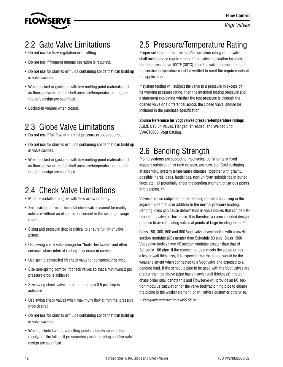 2 gate valve limitations, 3 globe valve limitations, 4 check valve limitations | 5 pressure/temperature rating, 6 bending strength | Flowserve Vogt Forged Steel Gate User Manual | Page 12 / 52