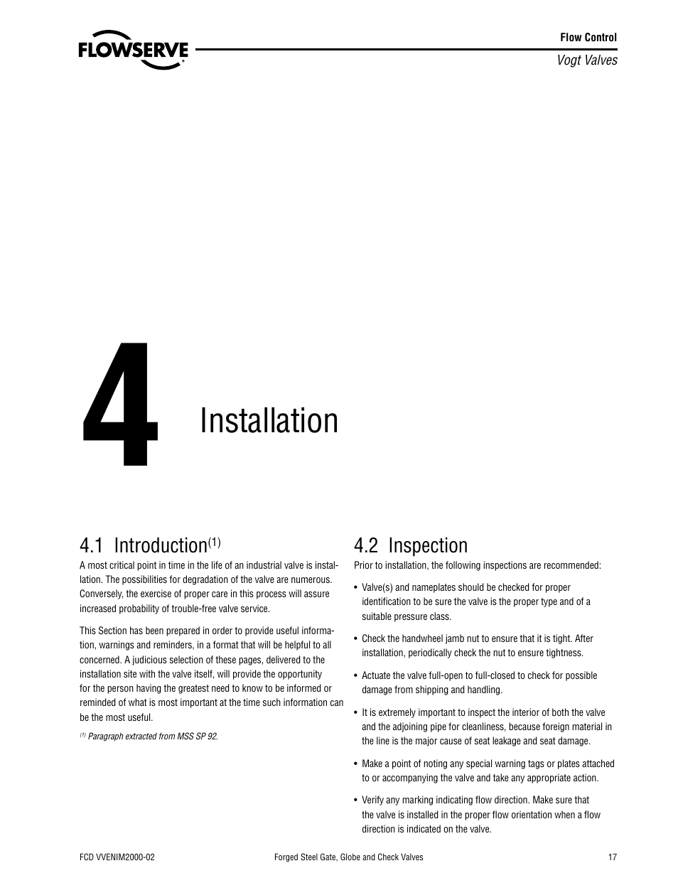 Installation, 1 introduction, 2 inspection | Flowserve Vogt Forged Steel Gate User Manual | Page 17 / 52