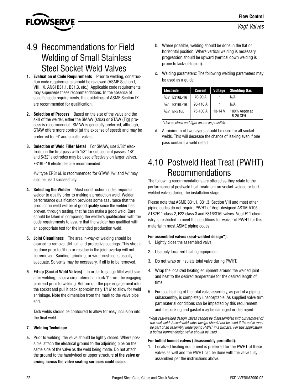 10 postweld heat treat (pwht) recommendations, Vogt valves | Flowserve Vogt Forged Steel Gate User Manual | Page 22 / 52