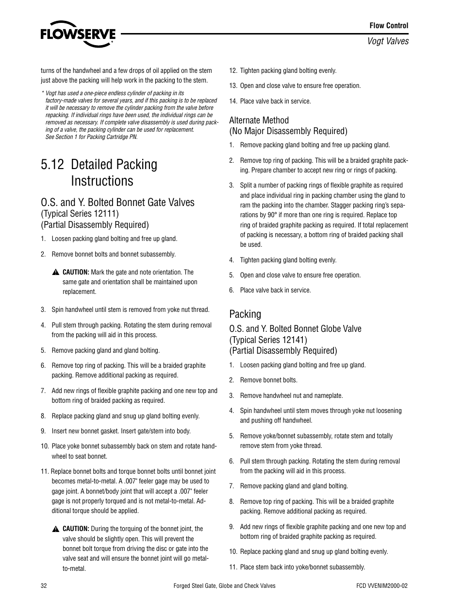 12 detailed packing instructions, O.s. and y. bolted bonnet gate valves, Packing | Flowserve Vogt Forged Steel Gate User Manual | Page 32 / 52