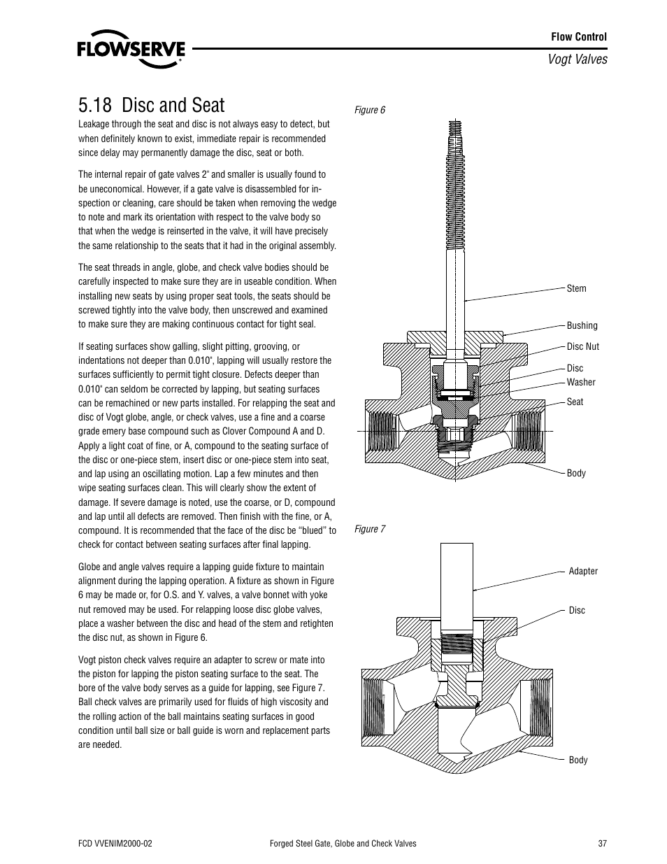 18 disc and seat, Vogt valves | Flowserve Vogt Forged Steel Gate User Manual | Page 37 / 52