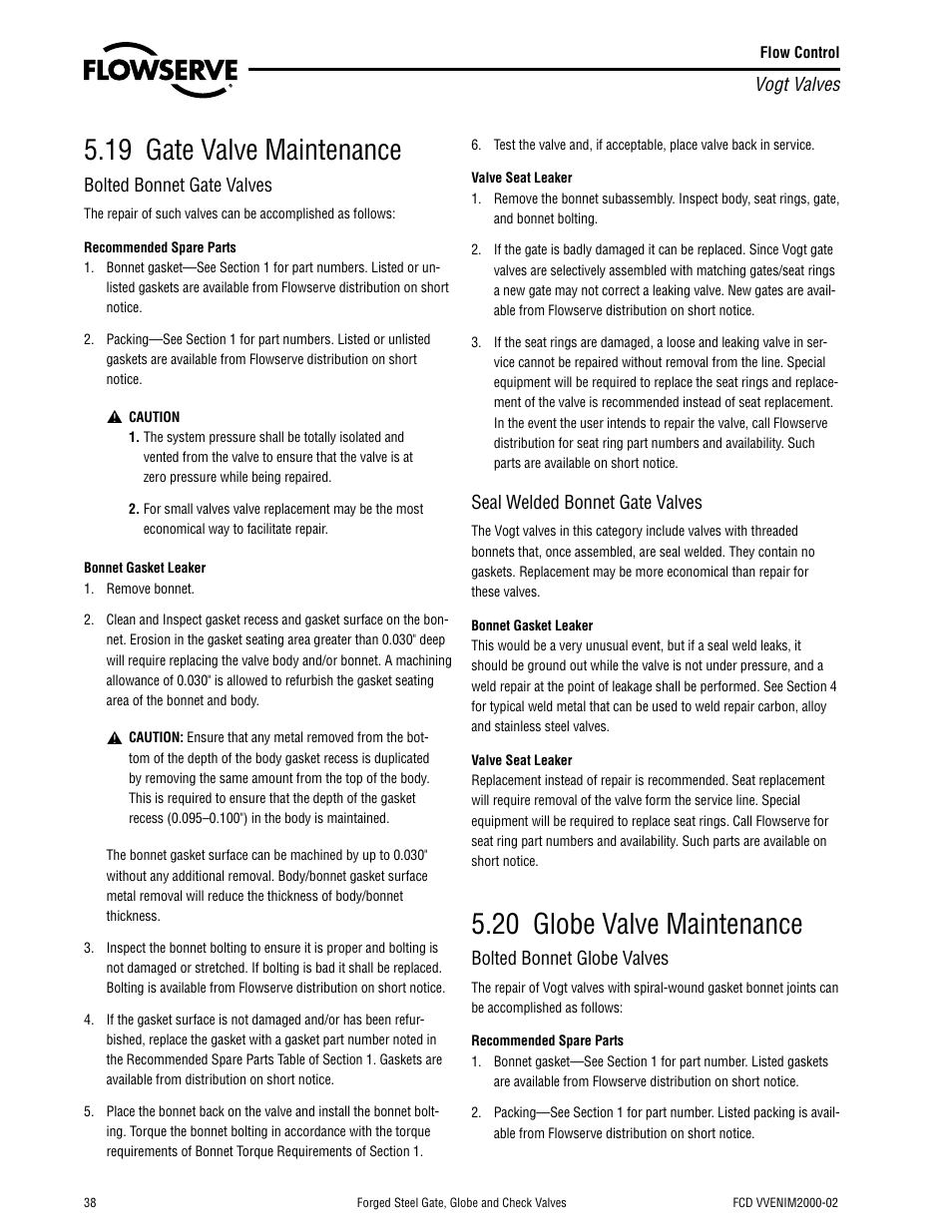 19 gate valve maintenance, 20 globe valve maintenance | Flowserve Vogt Forged Steel Gate User Manual | Page 38 / 52