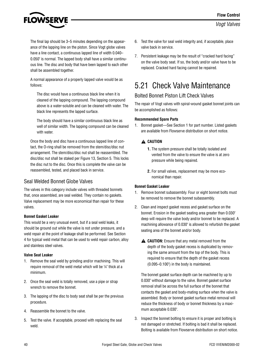 21 check valve maintenance | Flowserve Vogt Forged Steel Gate User Manual | Page 40 / 52