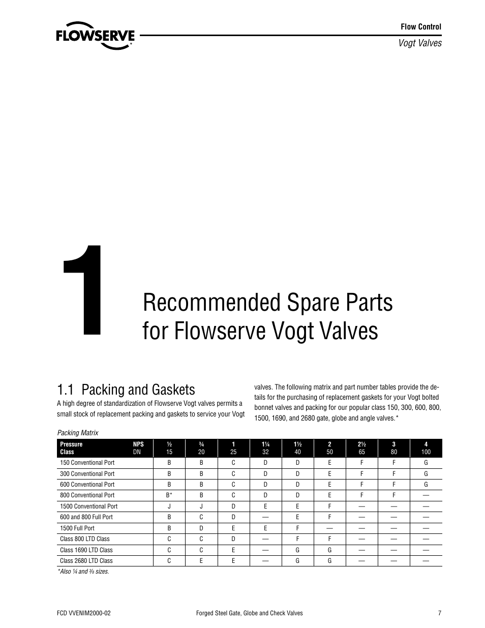 Recommended spare parts for flowserve vogt valves, 1 packing and gaskets, Vogt valves | Flowserve Vogt Forged Steel Gate User Manual | Page 7 / 52