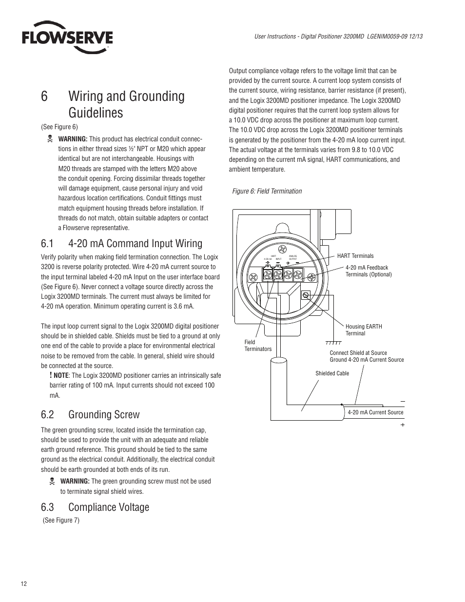 6wiring and grounding guidelines, 1 4-20 ma command input wiring, 2 grounding screw | 3 compliance voltage | Flowserve 3200MD User Manual | Page 12 / 40