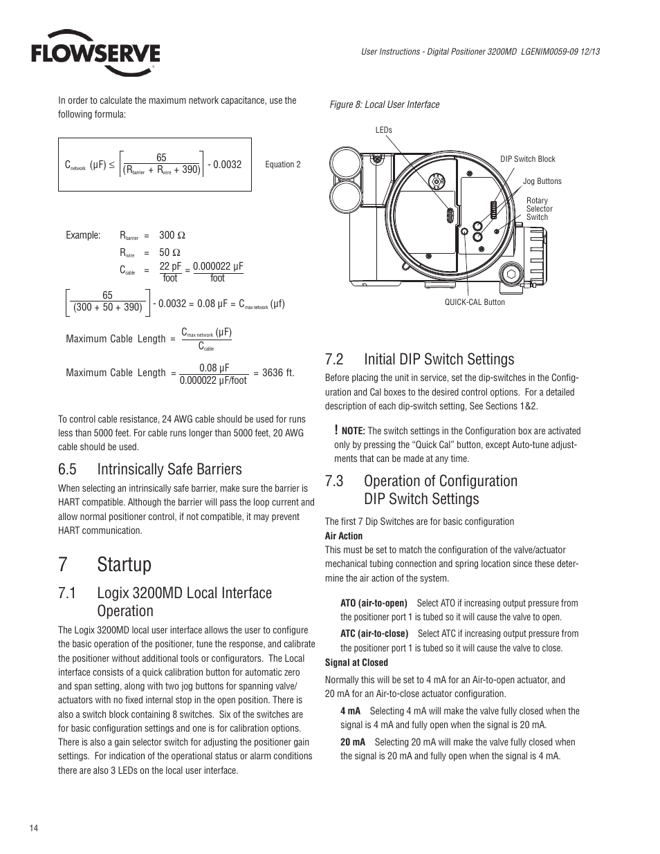 7 startup, 5 intrinsically safe barriers, 2 initial dip switch settings | 3 operation of confi guration dip switch settings | Flowserve 3200MD User Manual | Page 14 / 40