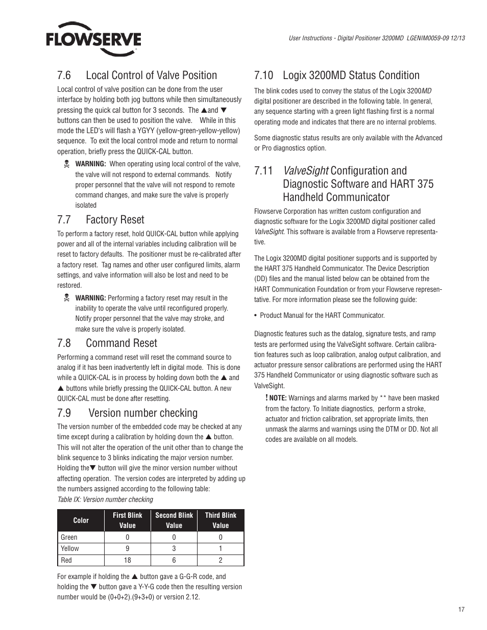 6 local control of valve position, 7 factory reset, 8 command reset | 9 version number checking | Flowserve 3200MD User Manual | Page 17 / 40