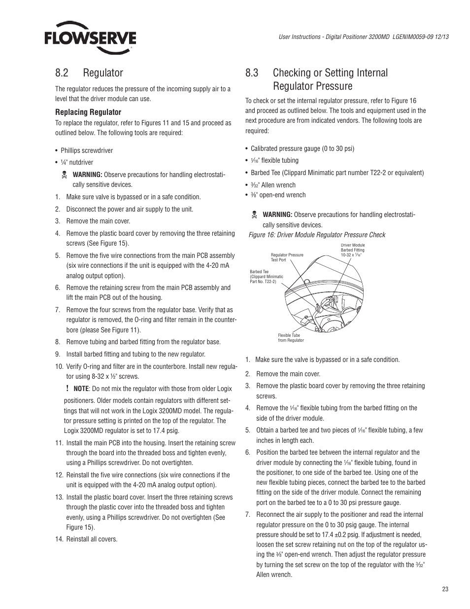 2 regulator, 3 checking or setting internal regulator pressure, Replacing regulator | Flowserve 3200MD User Manual | Page 23 / 40