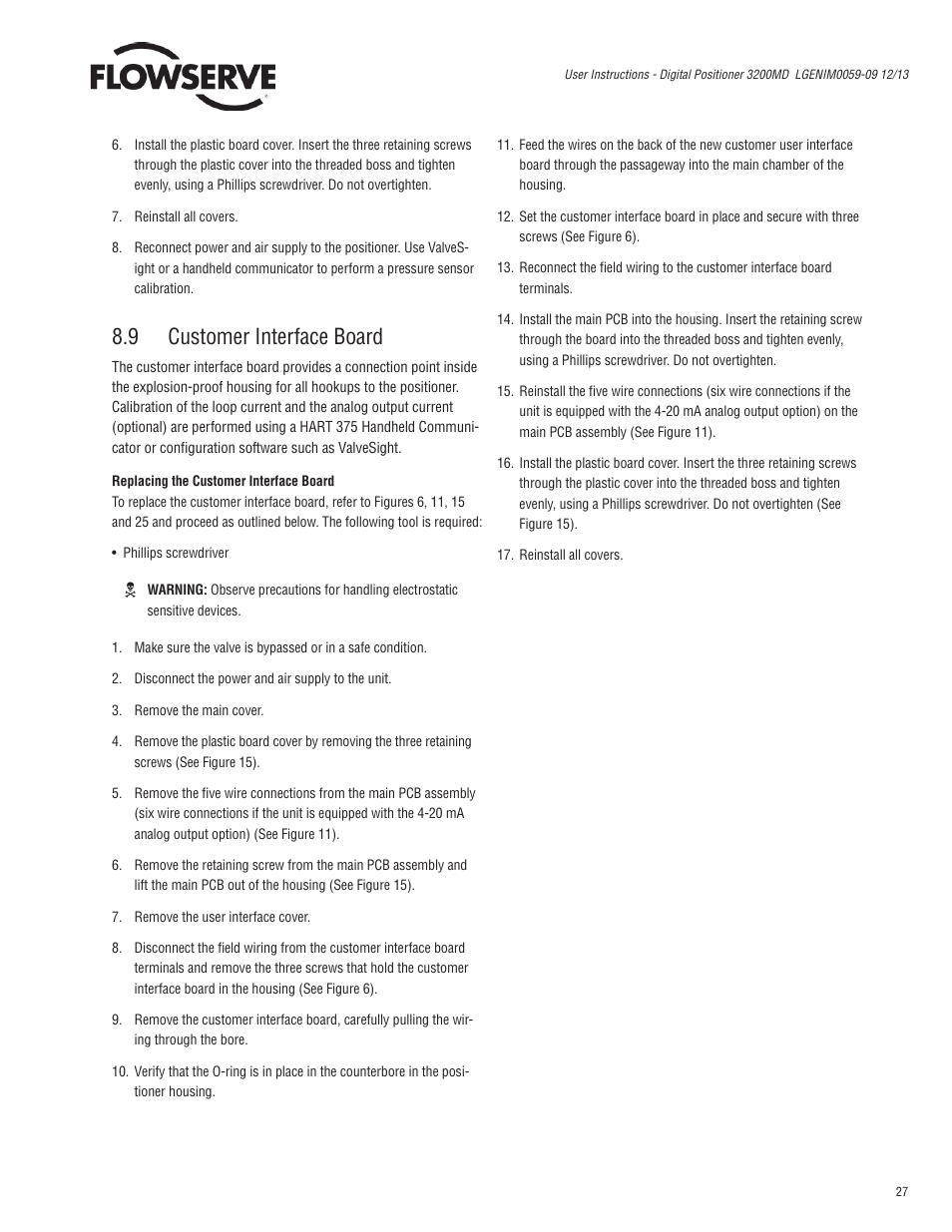 9 customer interface board | Flowserve 3200MD User Manual | Page 27 / 40