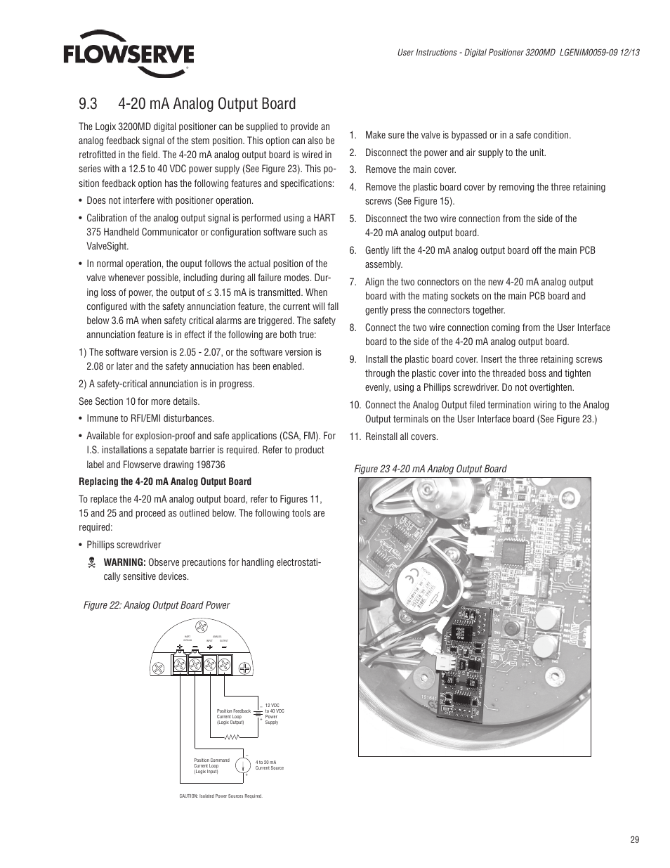 3 4-20 ma analog output board, Figure 22: analog output board power | Flowserve 3200MD User Manual | Page 29 / 40