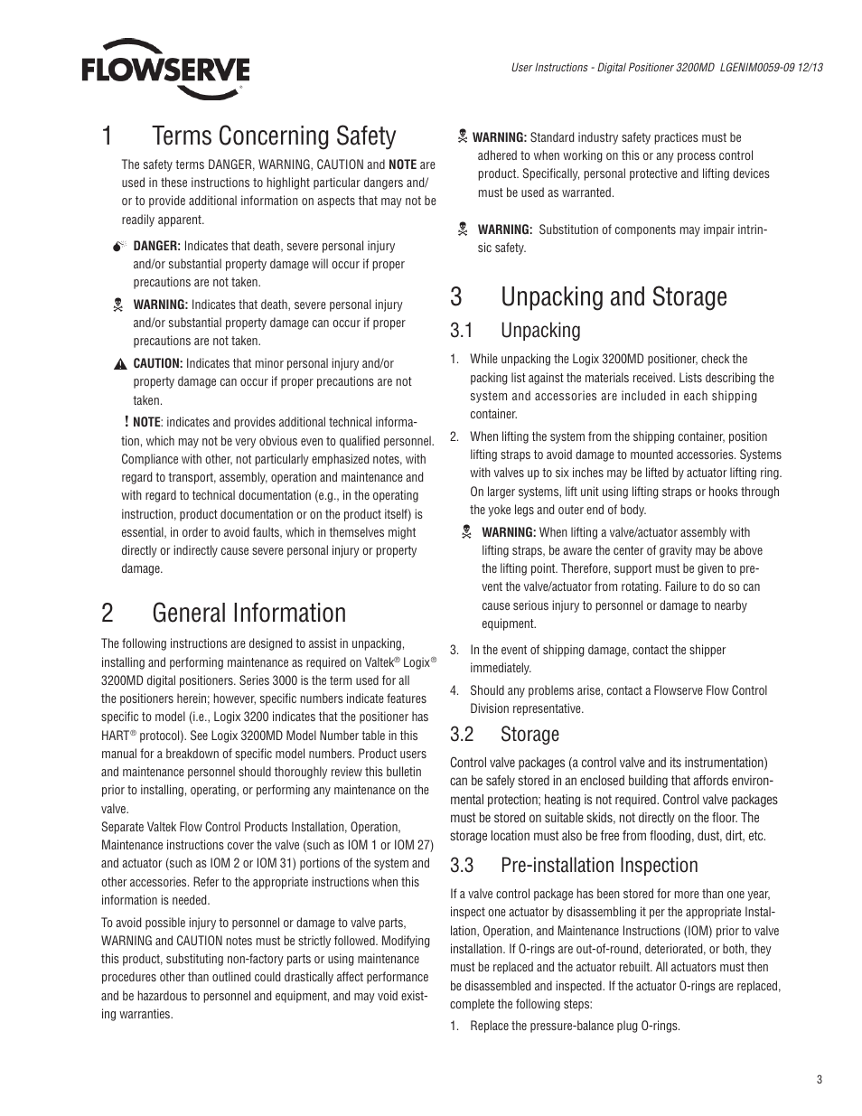 1terms concerning safety, 2general information, 3unpacking and storage | 1 unpacking, 2 storage, 3 pre-installation inspection | Flowserve 3200MD User Manual | Page 3 / 40