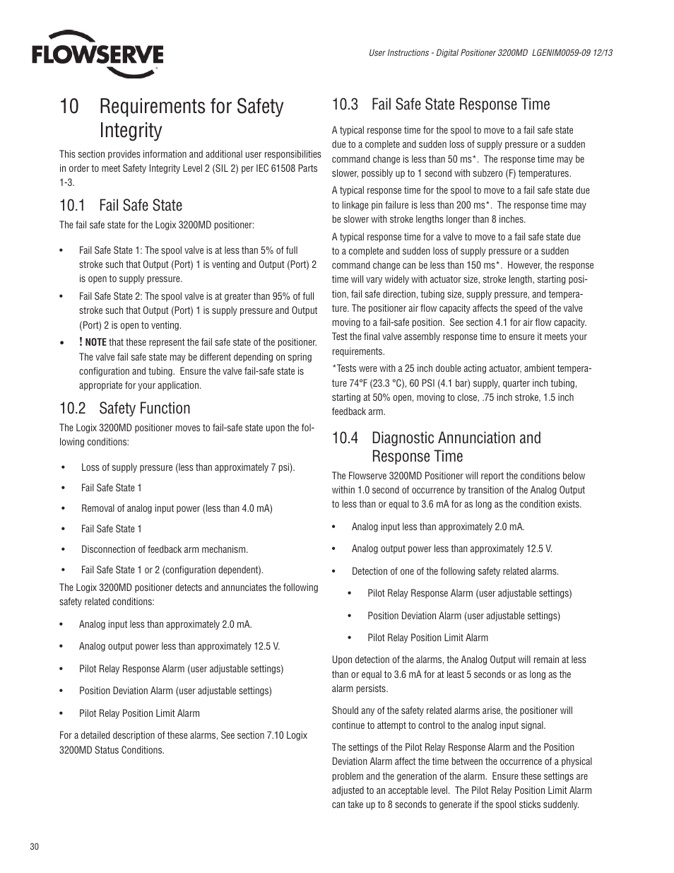 10 requirements for safety integrity, 1 fail safe state, 2 safety function | 3 fail safe state response time, 4 diagnostic annunciation and response time | Flowserve 3200MD User Manual | Page 30 / 40