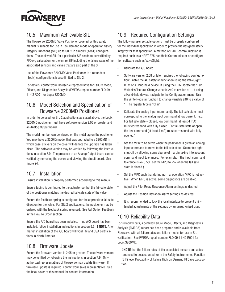 5 maximum achievable sil, 7 installation, 8 firmware update | 9 required confi guration settings, 10 reliability data | Flowserve 3200MD User Manual | Page 31 / 40