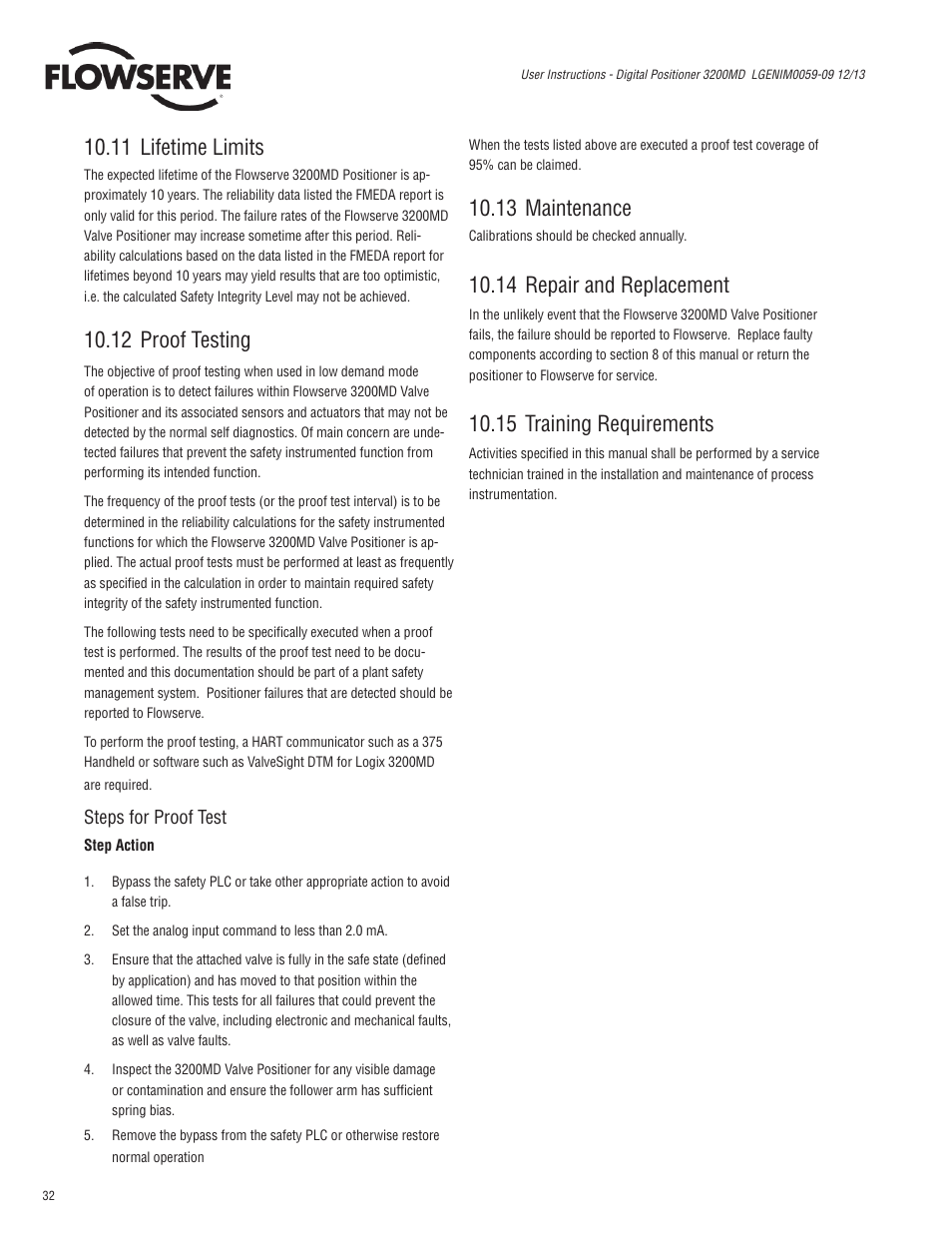 11 lifetime limits, 12 proof testing, 13 maintenance | 14 repair and replacement, 15 training requirements | Flowserve 3200MD User Manual | Page 32 / 40