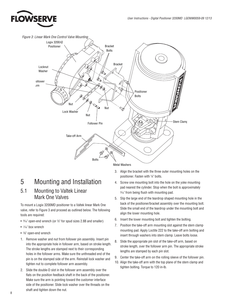 5mounting and installation, 1 mounting to valtek linear mark one valves | Flowserve 3200MD User Manual | Page 8 / 40