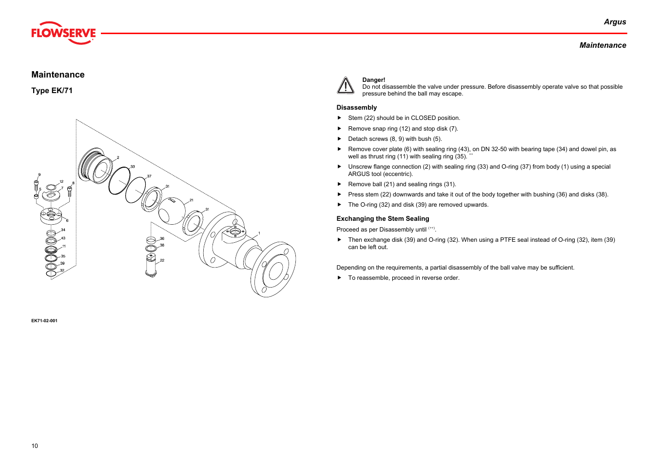 Maintenance, Type ek/71, Disassembly exchanging the stem sealing | Maintenance) | Flowserve Argus Ball Valves User Manual | Page 10 / 23