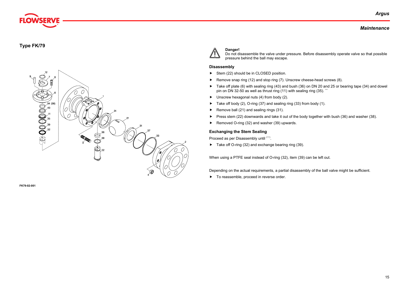 Type fk/79, Disassembly exchanging the stem sealing | Flowserve Argus Ball Valves User Manual | Page 15 / 23