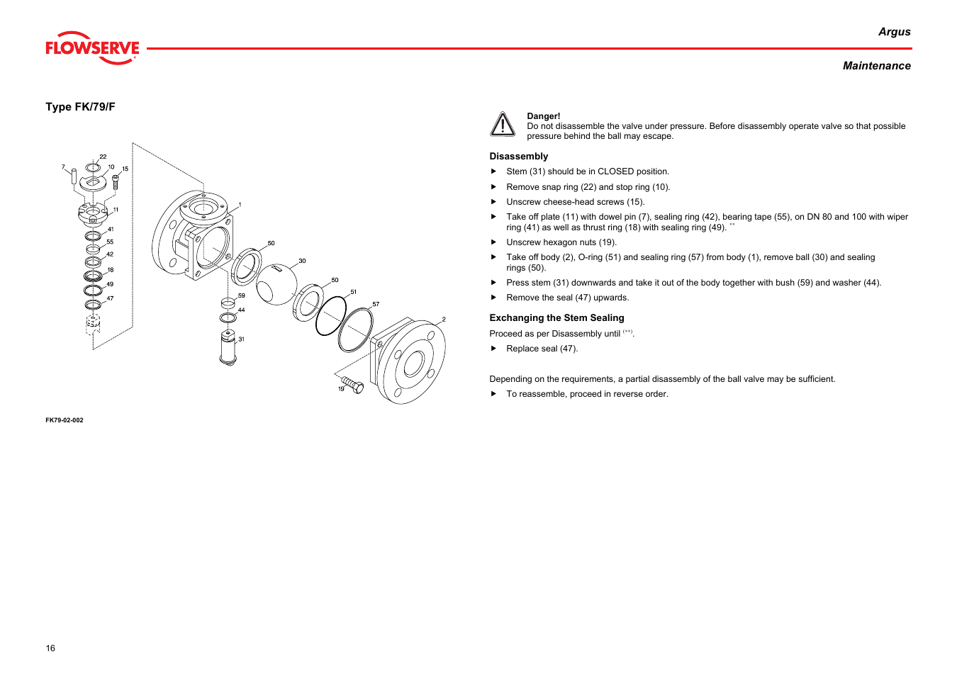 Type fk/79/f, Disassembly exchanging the stem sealing | Flowserve Argus Ball Valves User Manual | Page 16 / 23