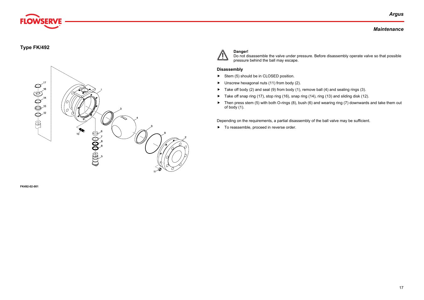 Type fk/492, Disassembly | Flowserve Argus Ball Valves User Manual | Page 17 / 23