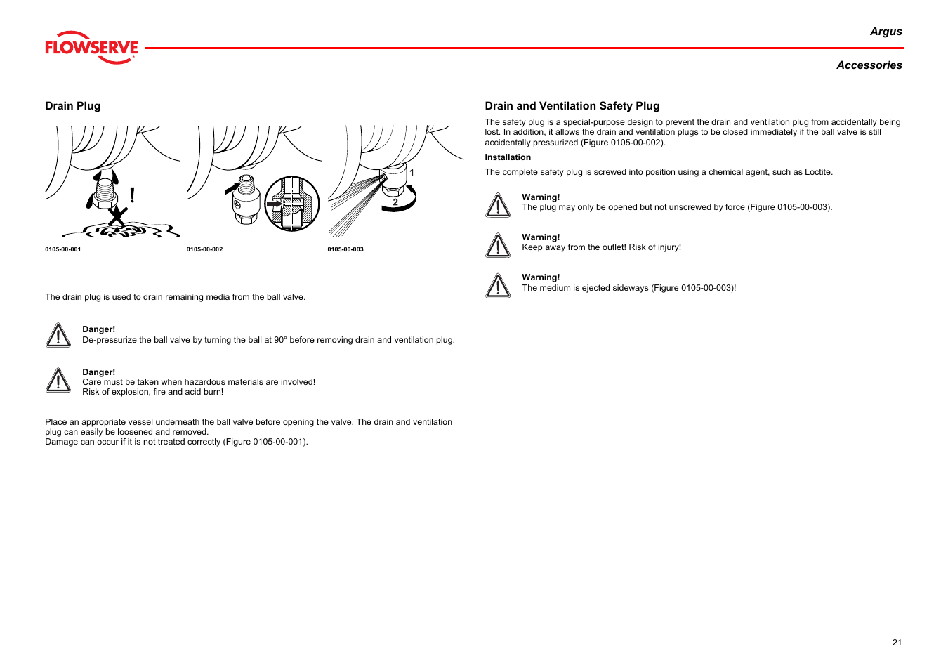 Drain plug, Drain and ventilation safety plug, Drain plug drain and ventilation safety plug | See chapter drain plug), Drain plug), Drain and ventilation safety plug), Apter drain and ventilation safety plug | Flowserve Argus Ball Valves User Manual | Page 21 / 23