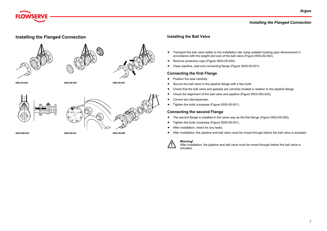 Installing the flanged connection, Installing the ball valve, Connecting the first flange | Connecting the second flange, E chapter installing the flanged connection) | Flowserve Argus Ball Valves User Manual | Page 7 / 23