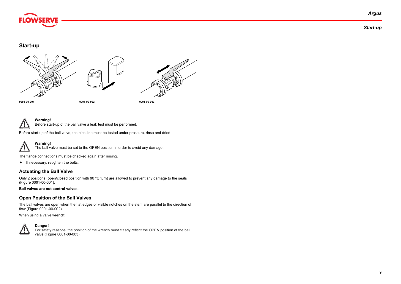 Start-up, Actuating the ball valve, Open position of the ball valves | Start-up), Amage (see chapter start- up), Valve (see chapter start-up) | Flowserve Argus Ball Valves User Manual | Page 9 / 23