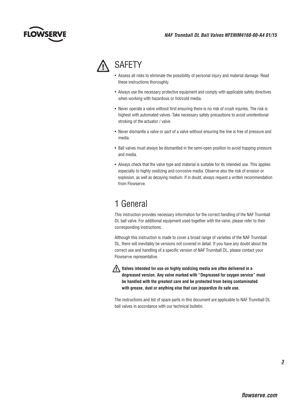 Safety, 1 general | Flowserve Trunnball DL Ball Valves IOM User Manual | Page 3 / 12