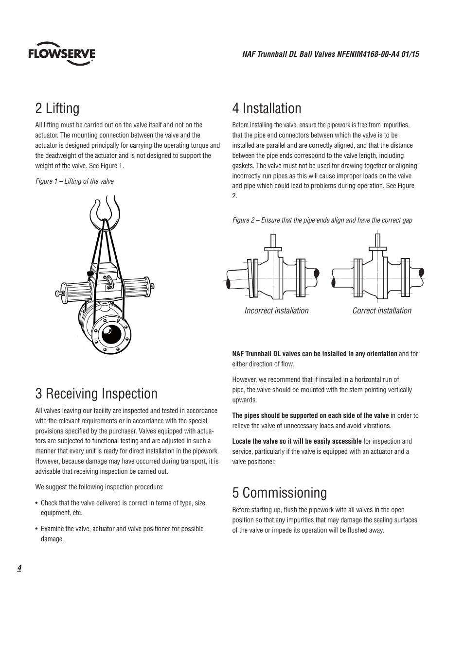 2 lifting, 3 receiving inspection, 4 installation | 5 commissioning | Flowserve Trunnball DL Ball Valves IOM User Manual | Page 4 / 12