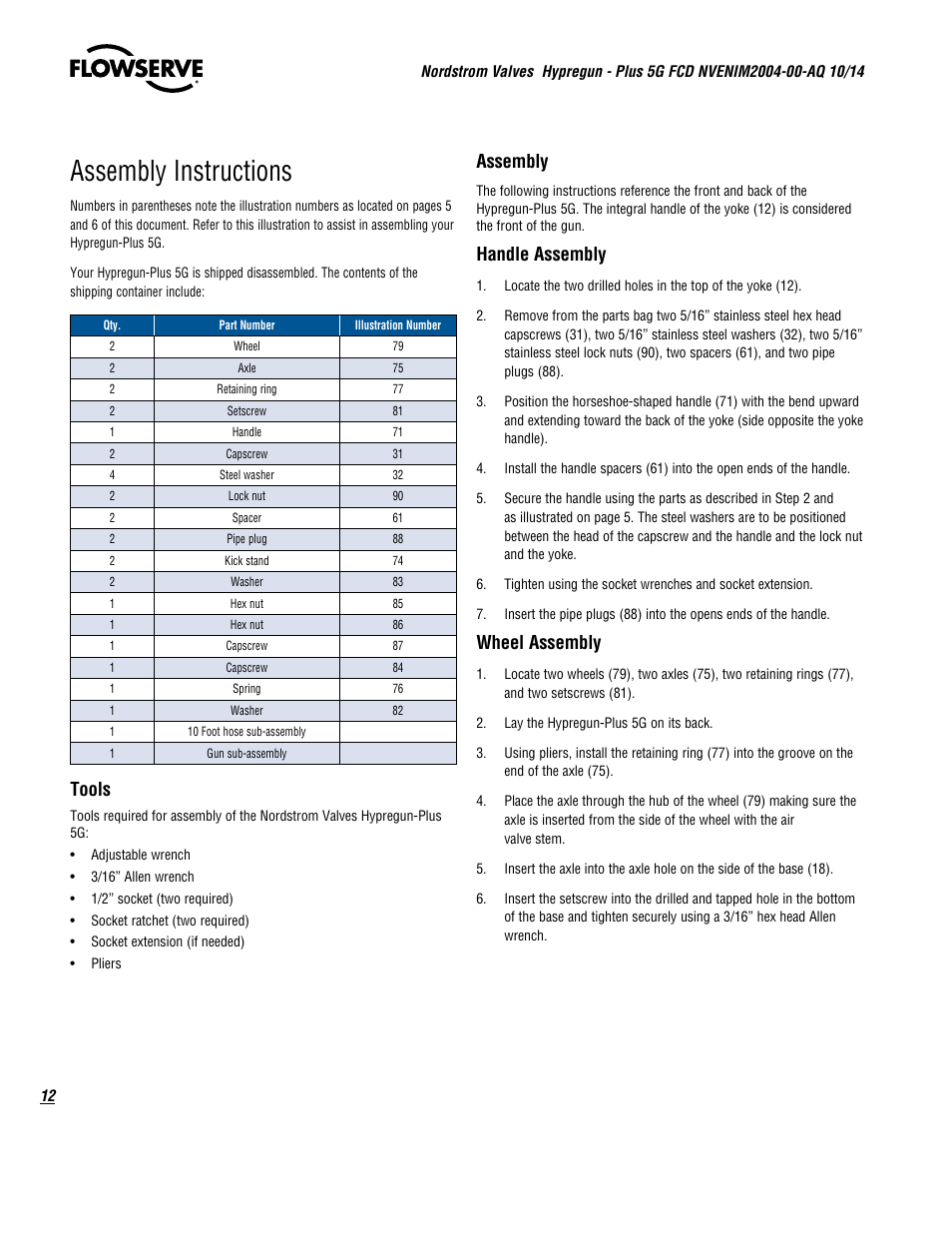 Assembly instructions, Tools, Assembly | Handle assembly, Wheel assembly | Flowserve Nordstrom Hypregun-Plus 5G Pneumatic Valve Sealant Injector User Manual | Page 12 / 20