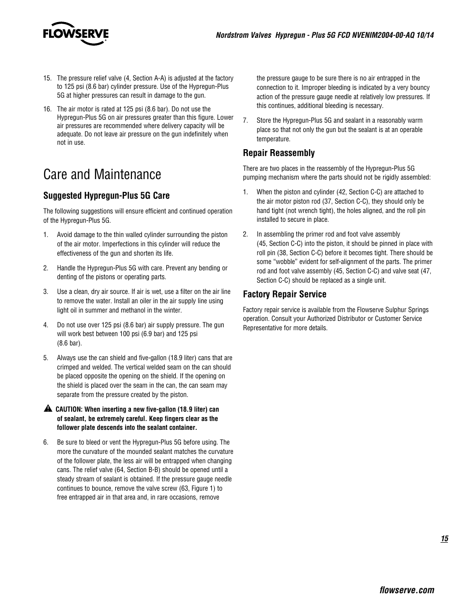 Care and maintenance | Flowserve Nordstrom Hypregun-Plus 5G Pneumatic Valve Sealant Injector User Manual | Page 15 / 20