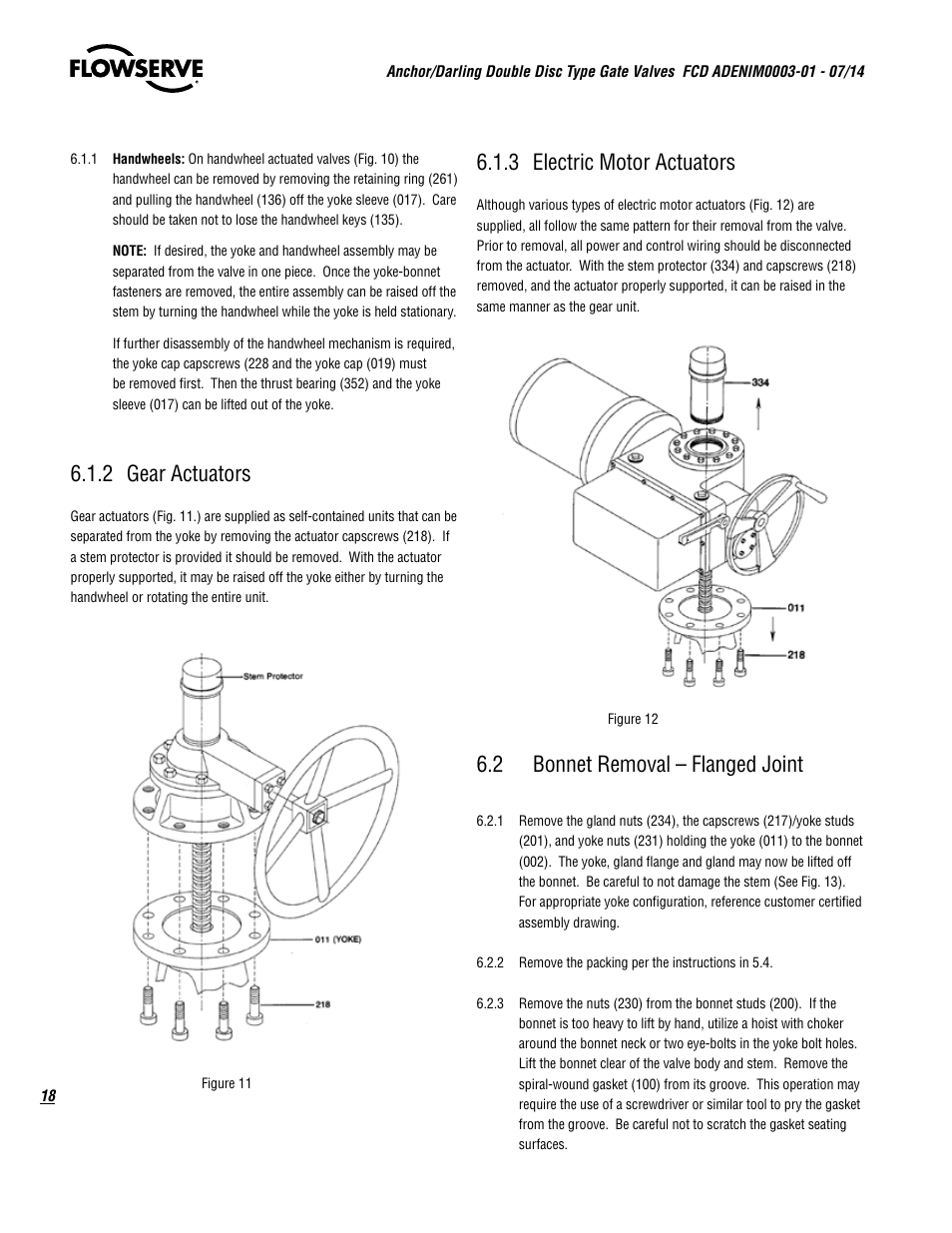 2 gear actuators, 3 electric motor actuators, 2 bonnet removal – flanged joint | Flowserve Double-Disc Gate Valve Sizes 2.5 User Manual | Page 18 / 28