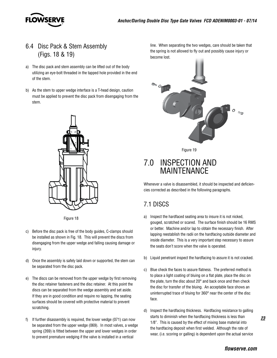 0 inspection and maintenance, 1 discs | Flowserve Double-Disc Gate Valve Sizes 2.5 User Manual | Page 23 / 28