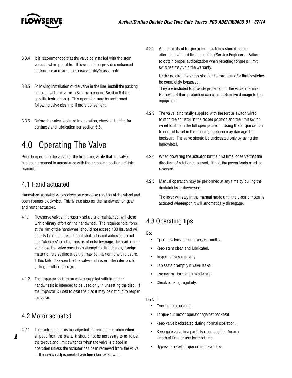 0 operating the valve, 1 hand actuated, 2 motor actuated | 3 operating tips | Flowserve Double-Disc Gate Valve Sizes 2.5 User Manual | Page 8 / 28