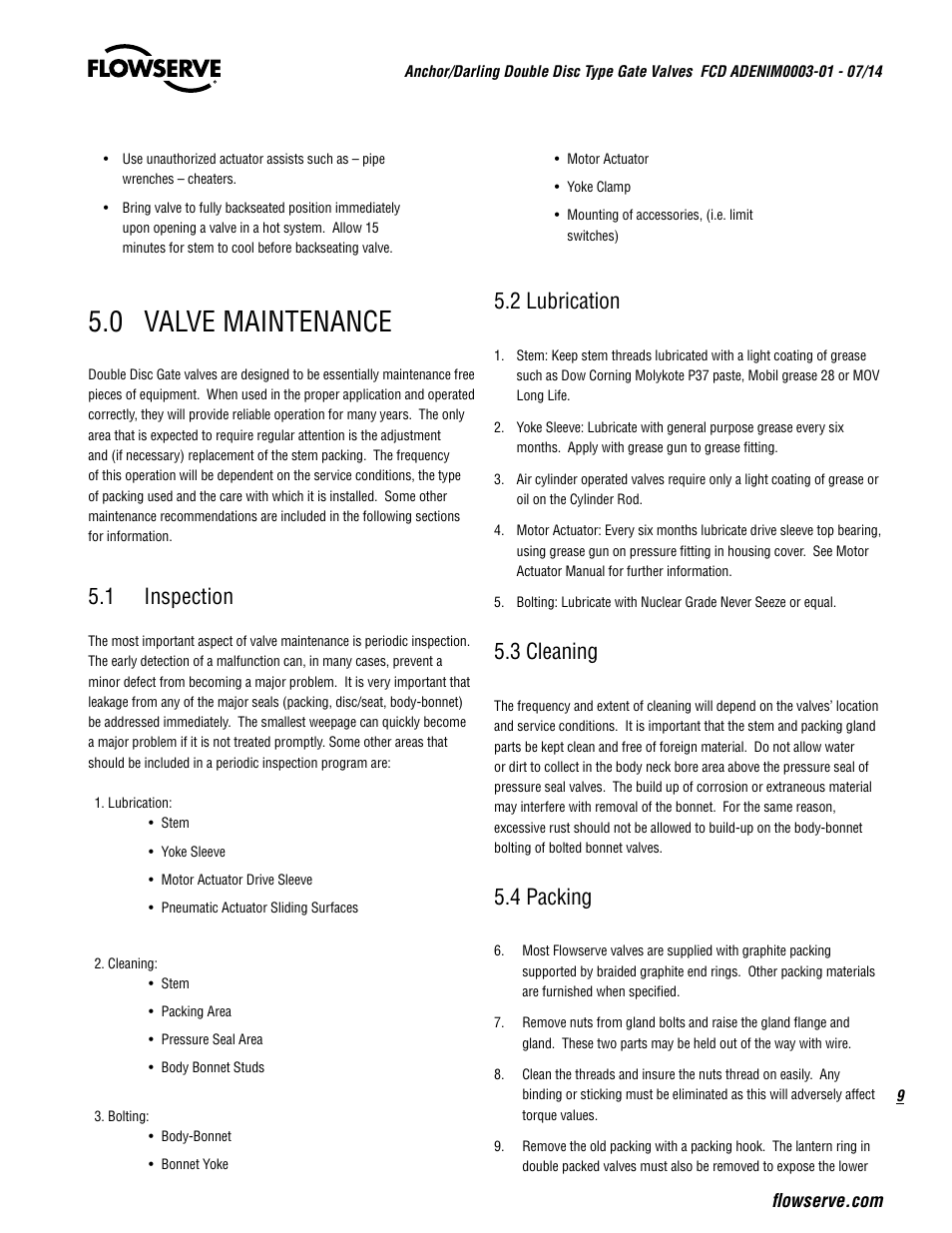 0 valve maintenance, 1 inspection, 2 lubrication | 3 cleaning, 4 packing | Flowserve Double-Disc Gate Valve Sizes 2.5 User Manual | Page 9 / 28